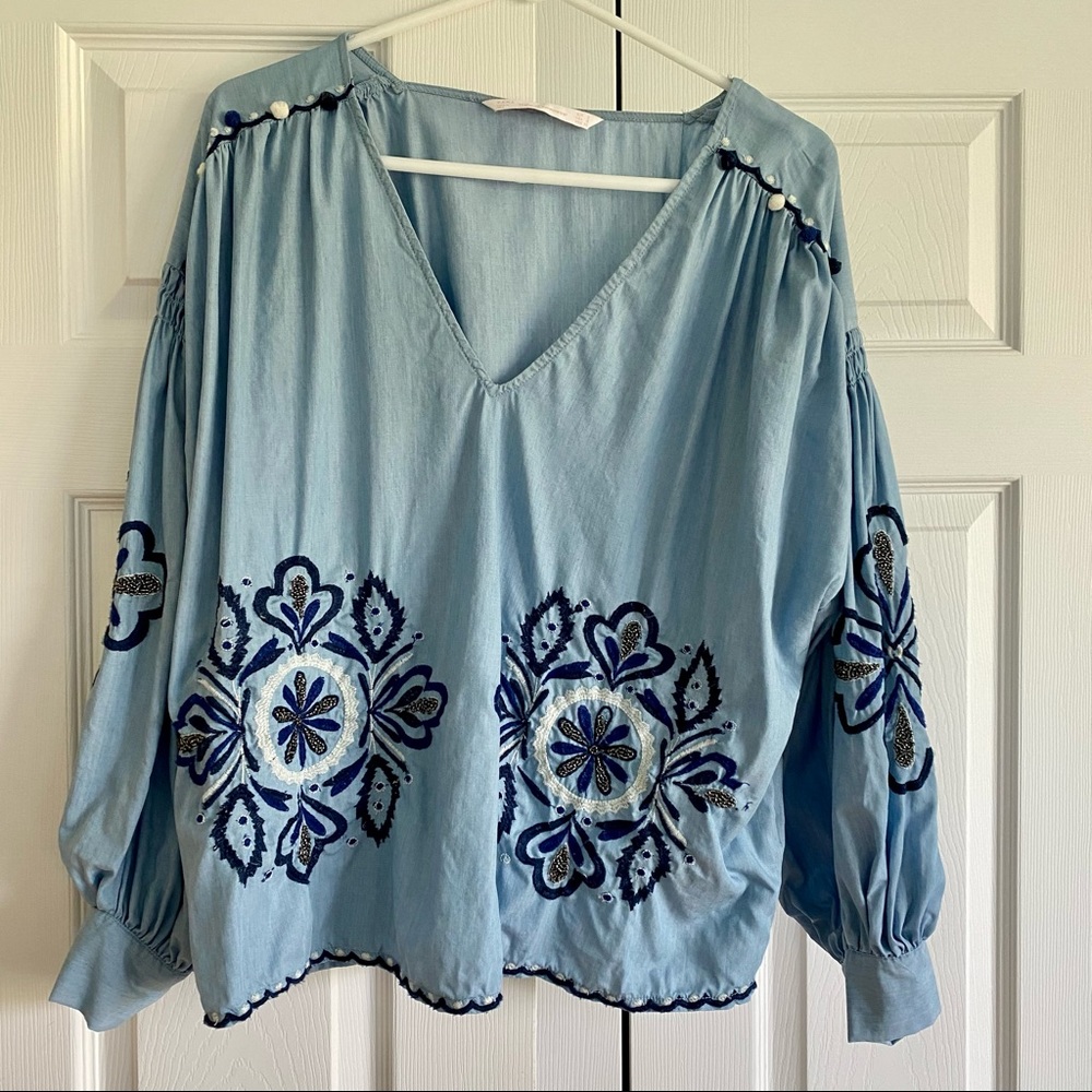 🌞 Zara TRF Embroidered Chambray Pom Pom Blouse